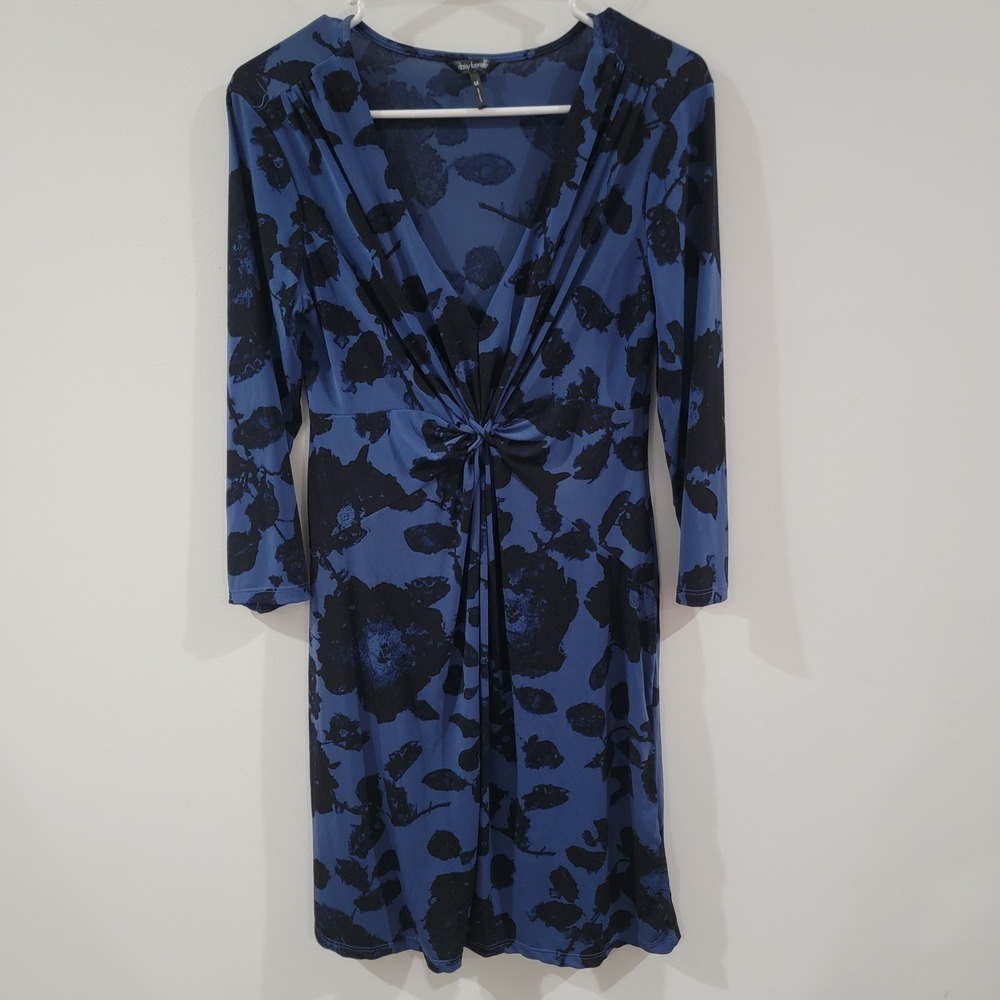 Womens Floral Midi Dress Size Medium Black Blue Ethereal Empire Waist V‎ Neck